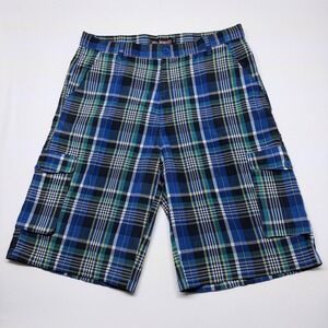 🔴 Mac Jacques Shorts Mens Size 38 Plaid Cargo Pockets Blue Green Casual